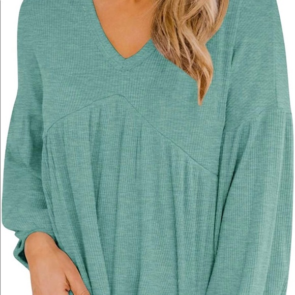 Clarisbelle Women V Neck Puff Sleeve Waffle Knit Peplum Tops - Picture 3 of 8